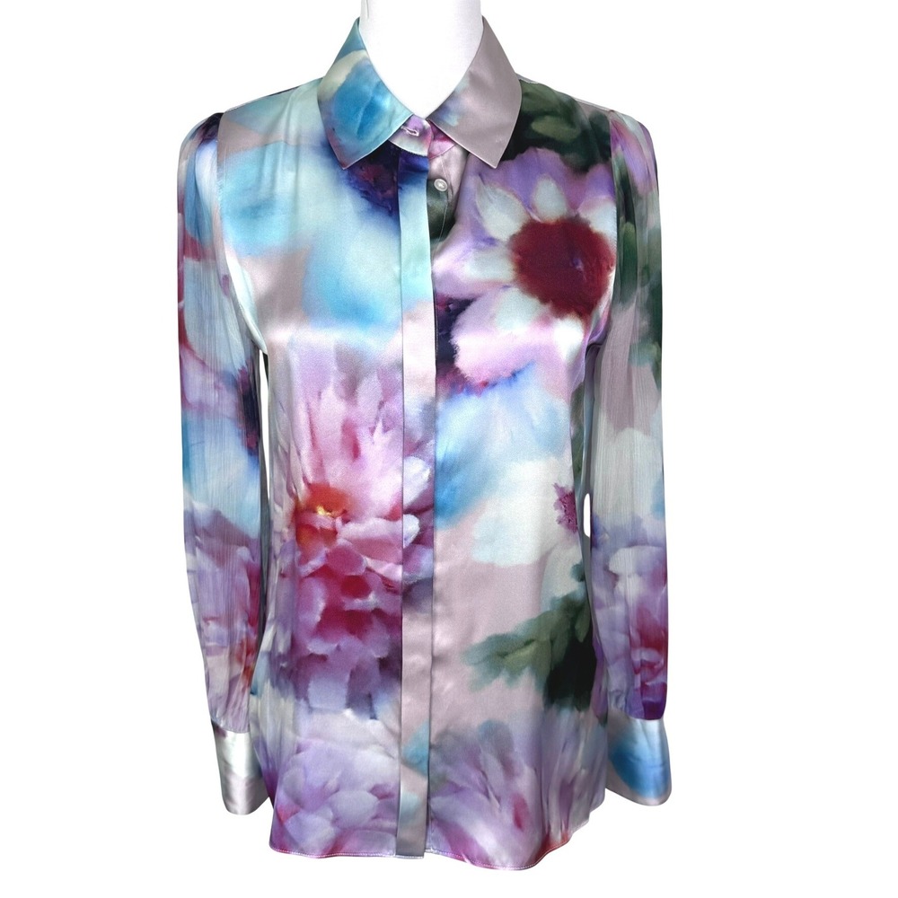 EIE TAHARI Women's XS Purple Blue 100% Silk Floral Watercolor Long Sleeve Blouse